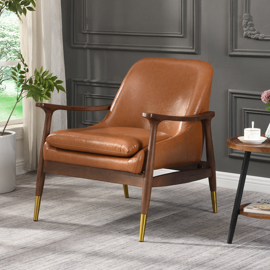 29.2'' Mid-Century Faux Leather Accent Chair with Cushioned Seat, Solid Wood Frame, and Brass-Tipped Legs – Perfect for Living Room, Bedroom, or Office Lounge"