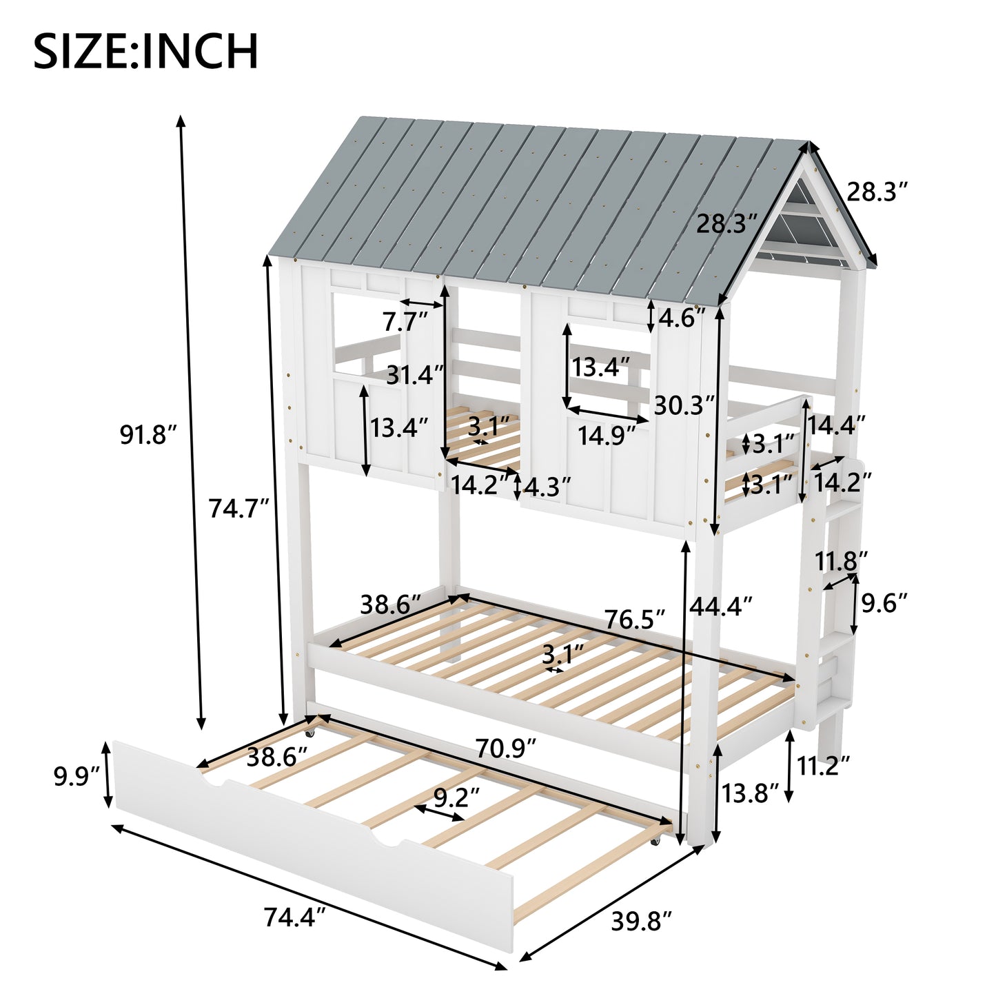 House Bunk Bed with Trundle,Roof and Windows,White(OLD SKU:GX000705AAK)