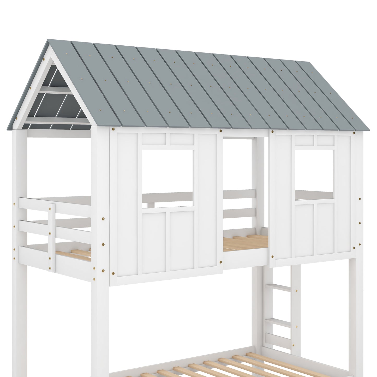 House Bunk Bed with Trundle,Roof and Windows,White(OLD SKU:GX000705AAK)