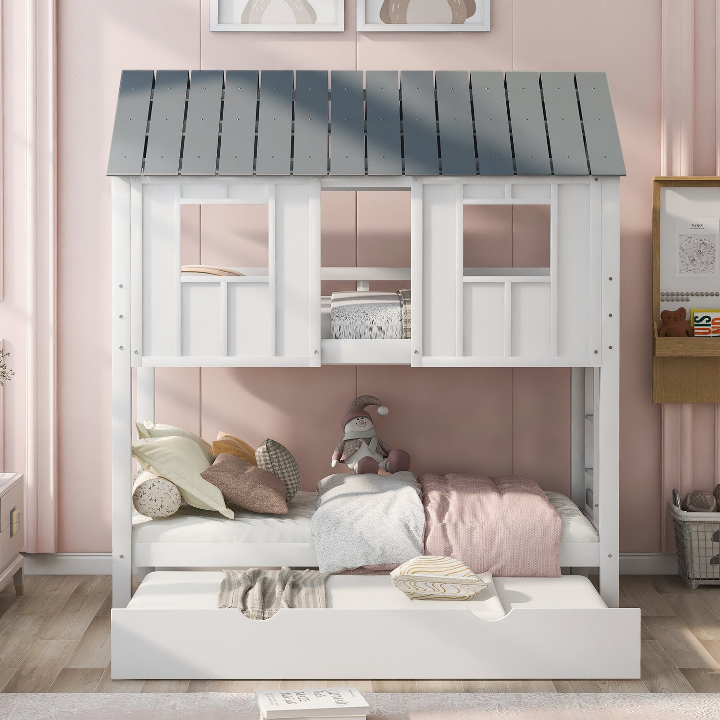 House Bunk Bed with Trundle,Roof and Windows,White(OLD SKU:GX000705AAK)