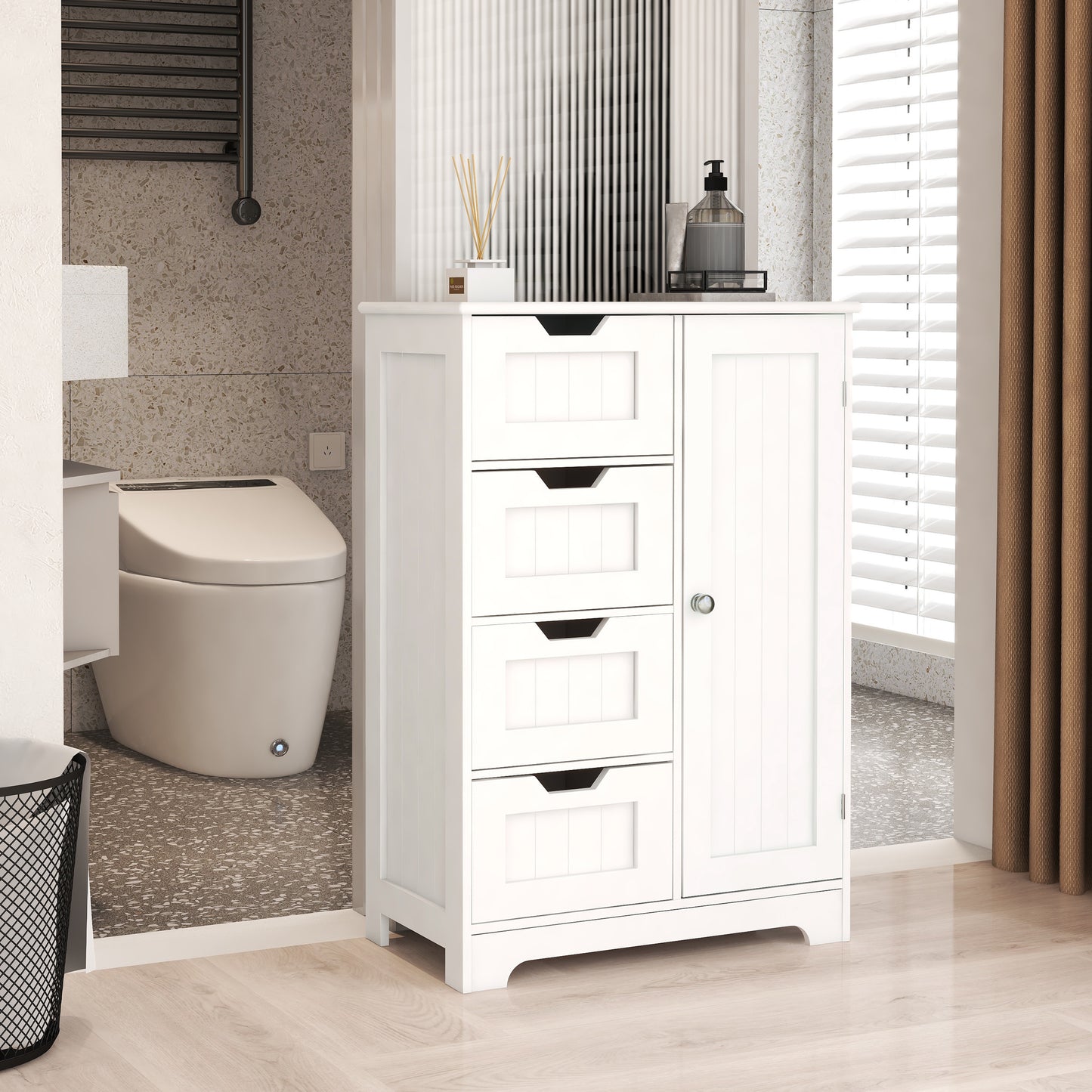 White freestanding floor storage cabinet with adjustable shelves, 4 drawers and 1 door