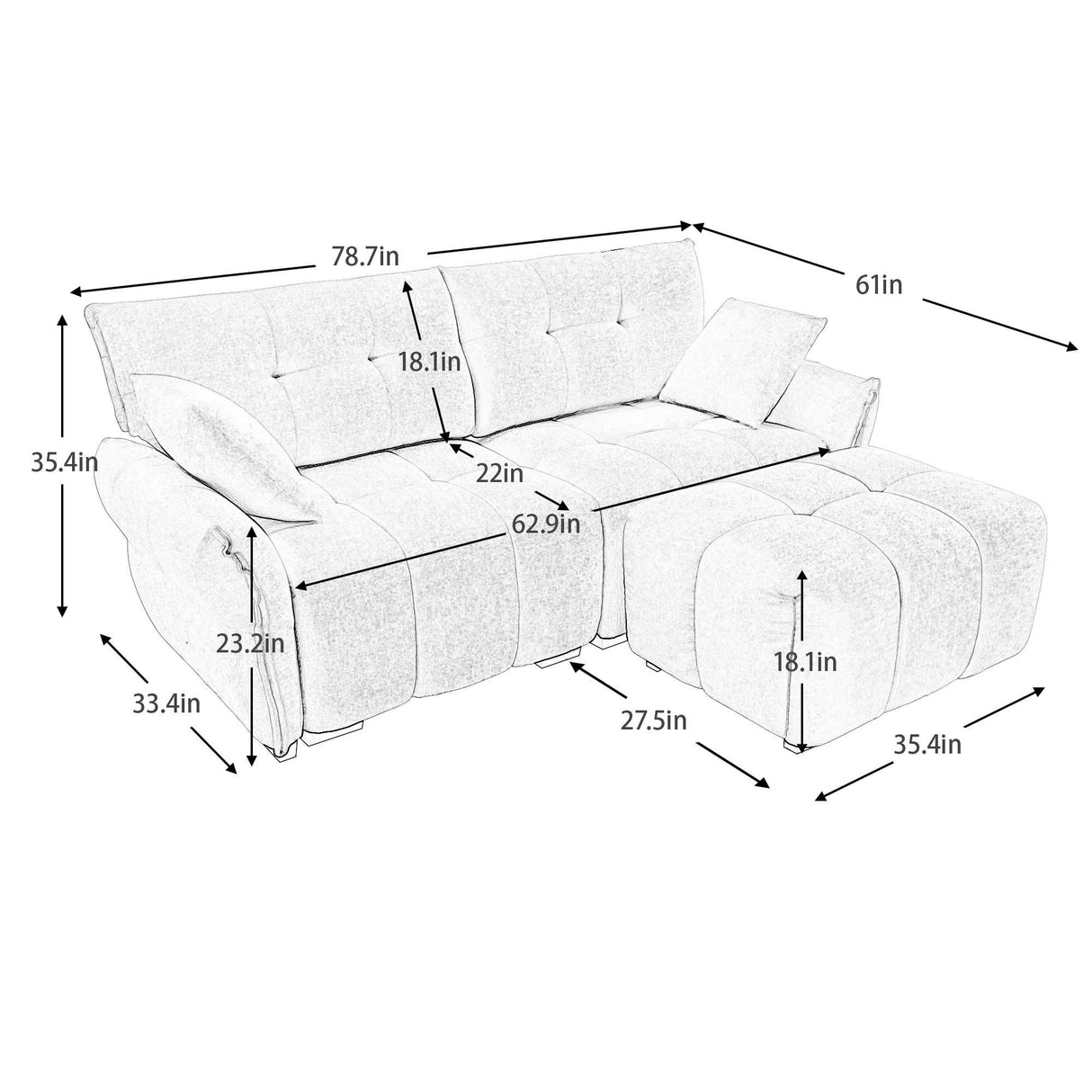 Elegant Sofa Set With Ottoman And Pillows, Textured Chenille, High Resilience Cushions