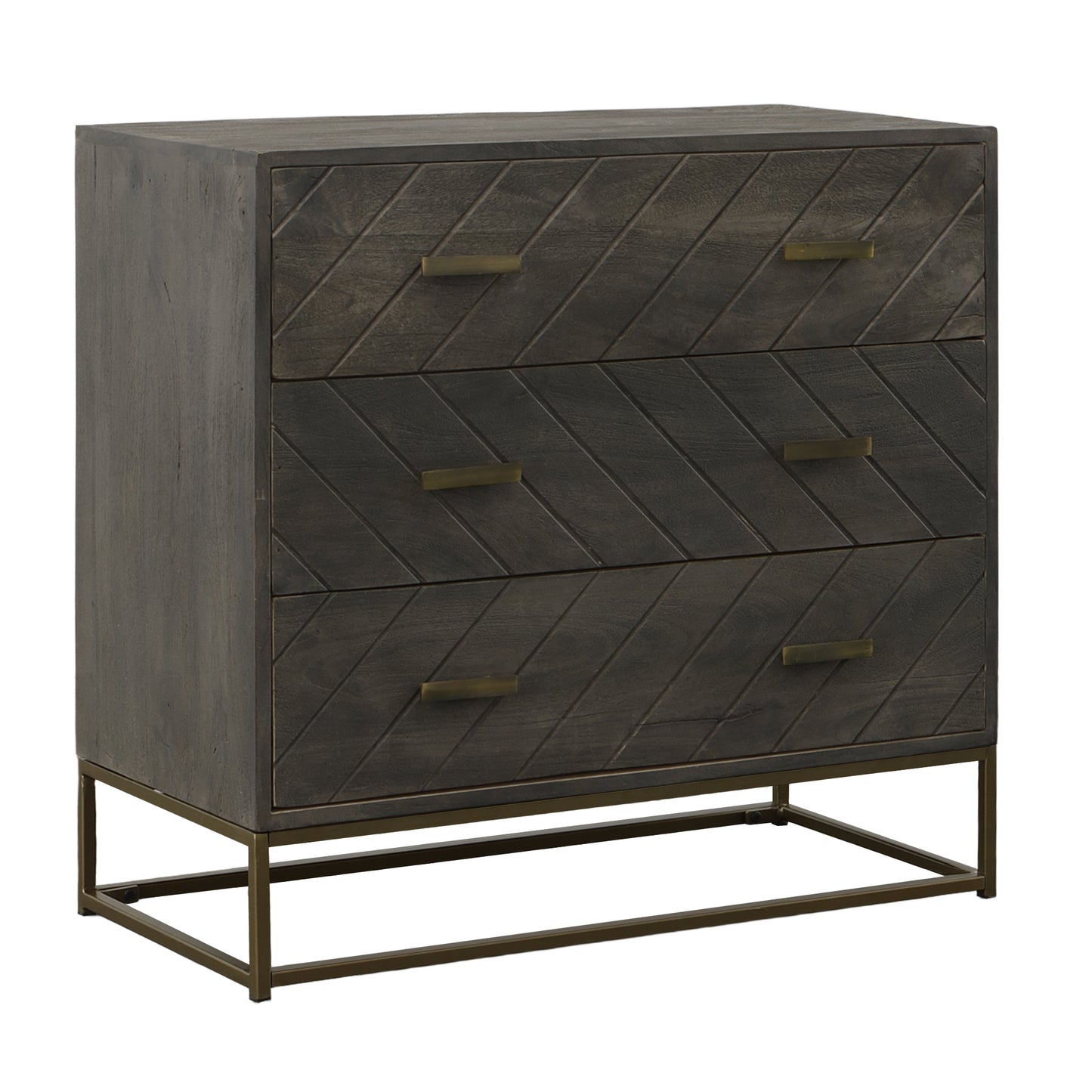 Roy 32 Inch 3 Drawer Mango Wood Dresser Chest, Rustic Bronze Metal Frame, Gray