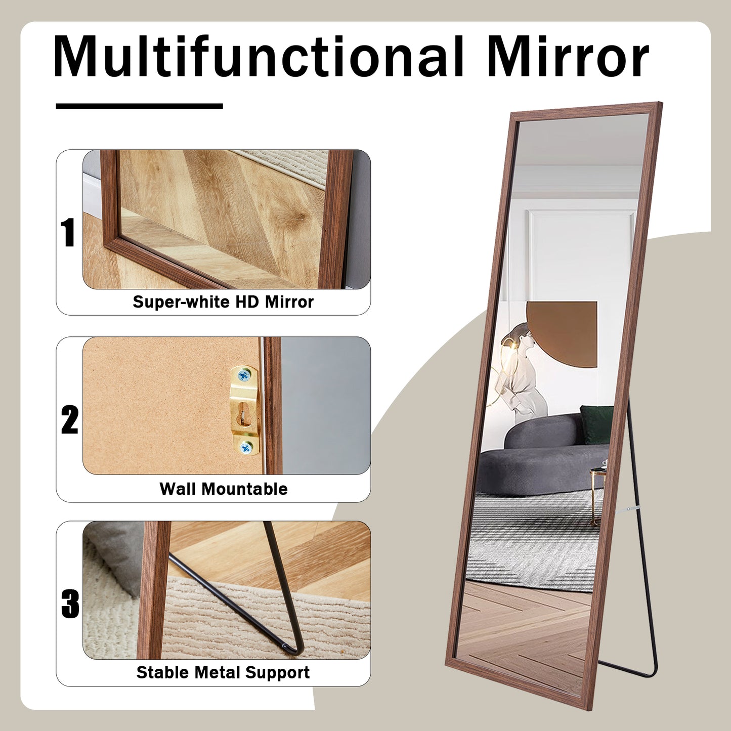 Third generation packaging upgrade, thickened border, brown wood grain solid wood frame full length mirror, dressing mirror, bedroom entrance, decorative mirror, and floor standing mirror.65"*22.8"