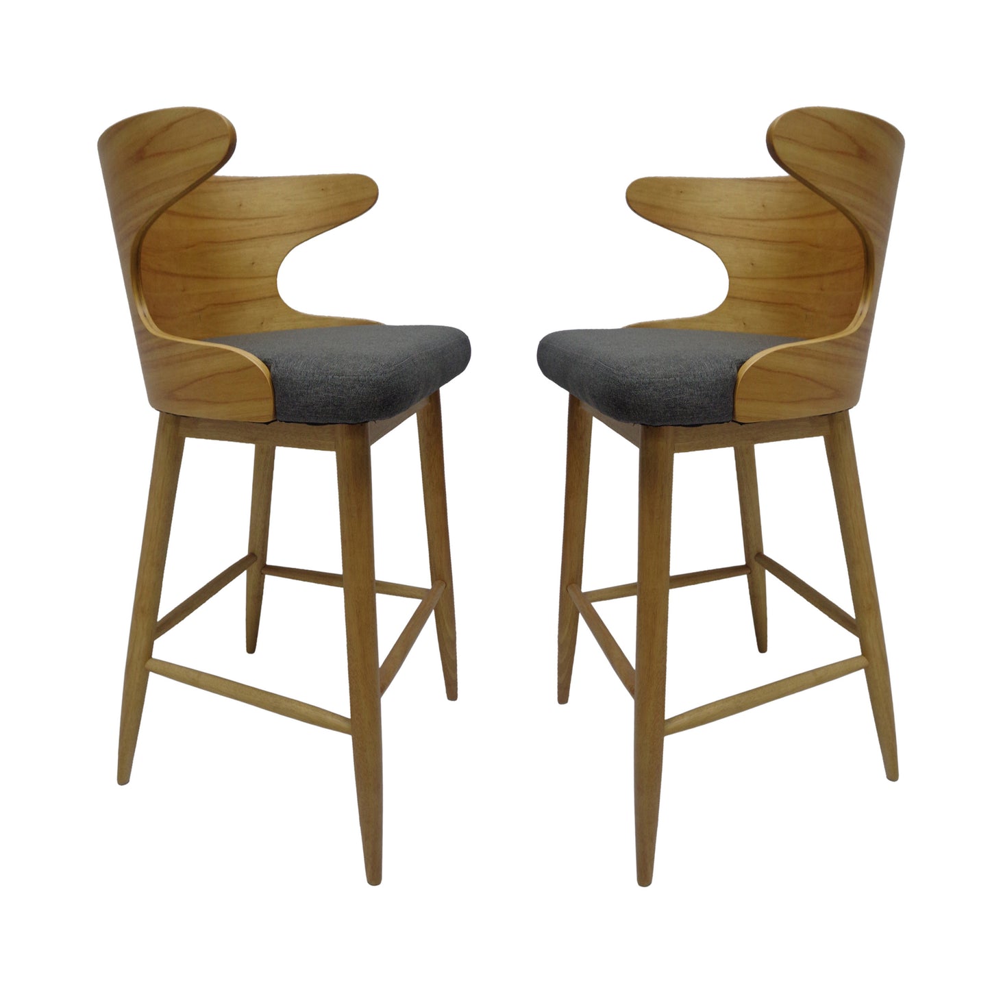 Mid-Century Modern Upholstered Barstools (Set of 2), Charcoal and Natural