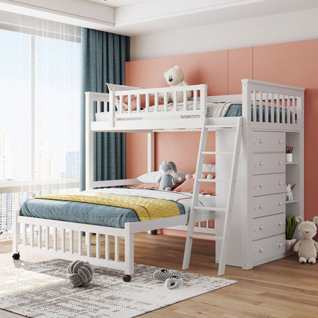 Bunk Bed With 6 Drawers And Flexible Shelves, Bottom Bed With Wheels