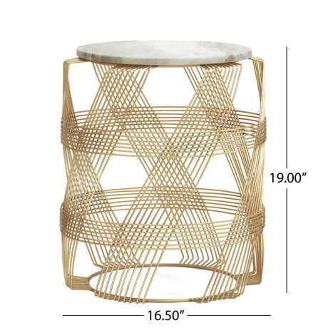 Round Table With Marble Top And Metal Base - Gold / Natural