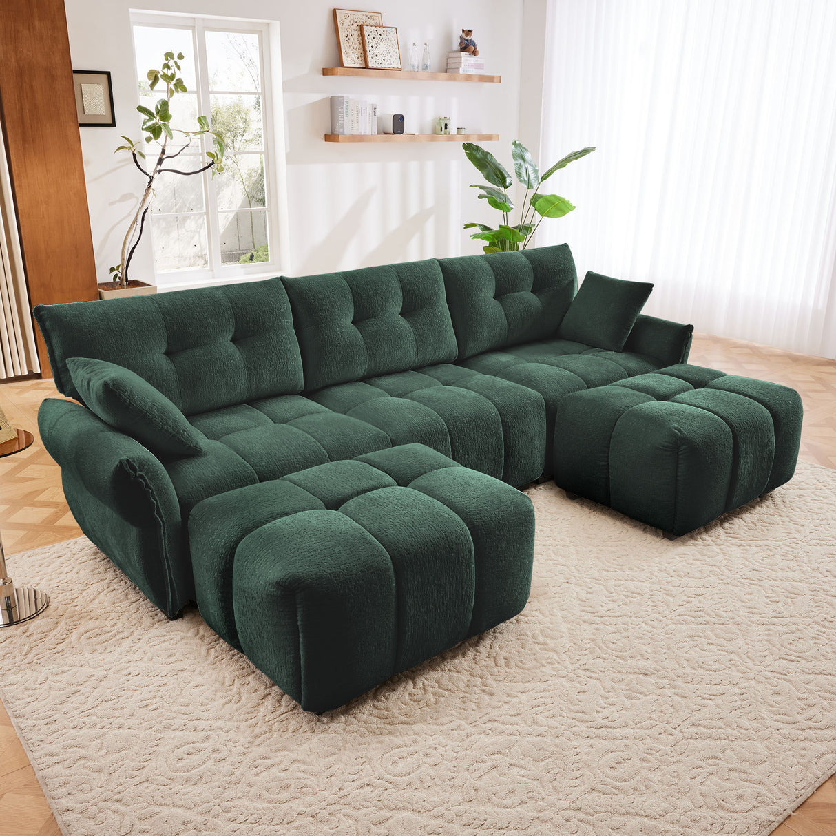 Elegant Sofa Set With Ottoman And Pillows, Textured Chenille, High Resilience Cushions
