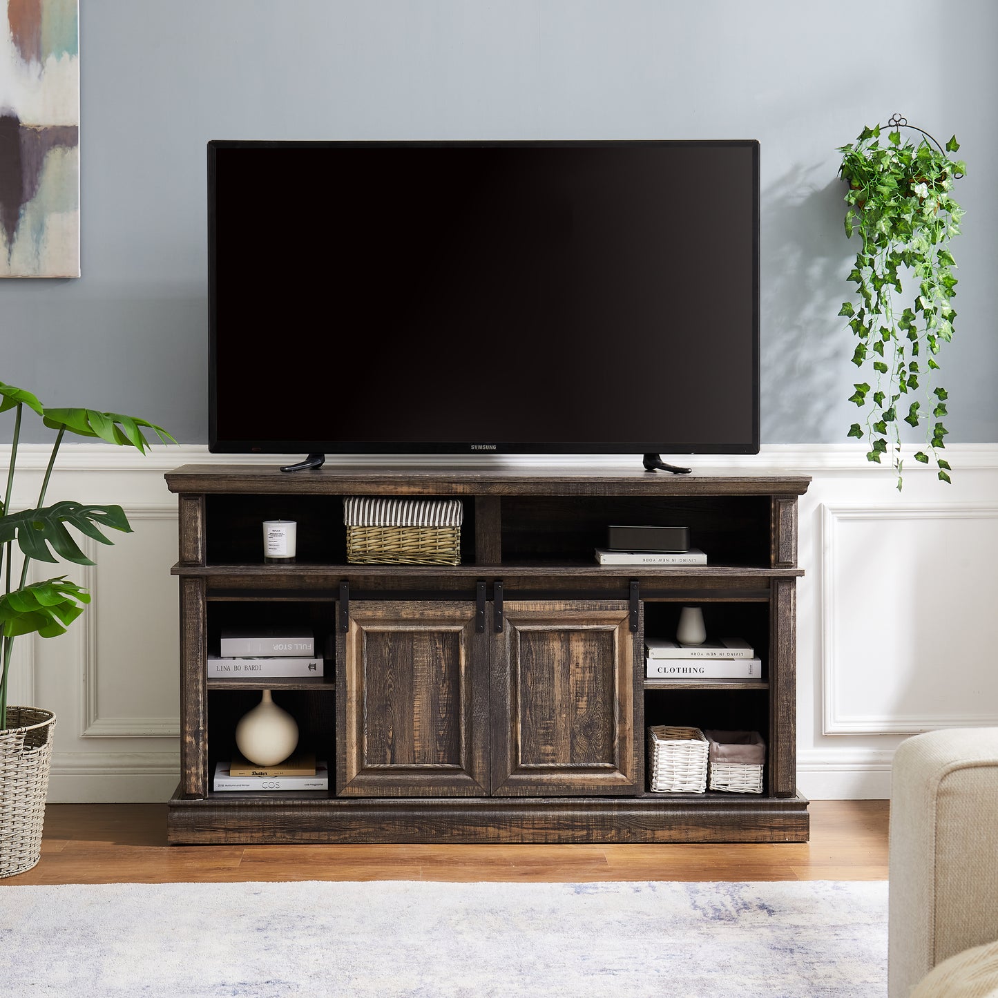 Media Console Table with Storage Cabinet, Mid Century style Entertainment TV Table, Multipurpose Sliding Door TV Cabinet  Large Storage Space, 58.11"W*15.79"D*32.36"H Antique brown