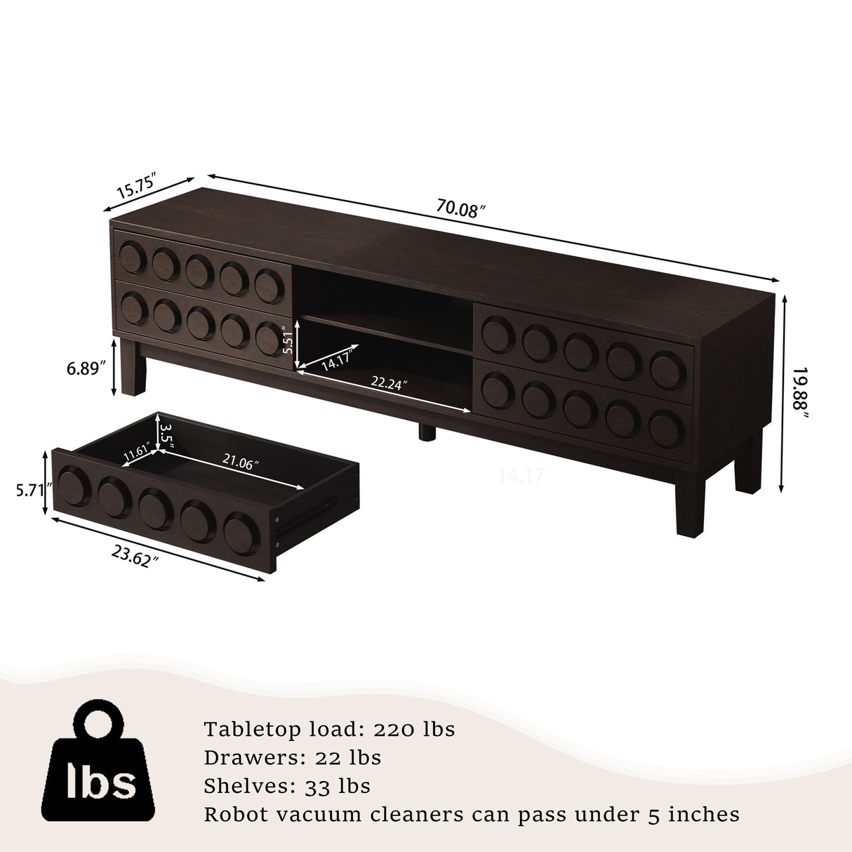 Media Console With 4 Drawers And Cable Management