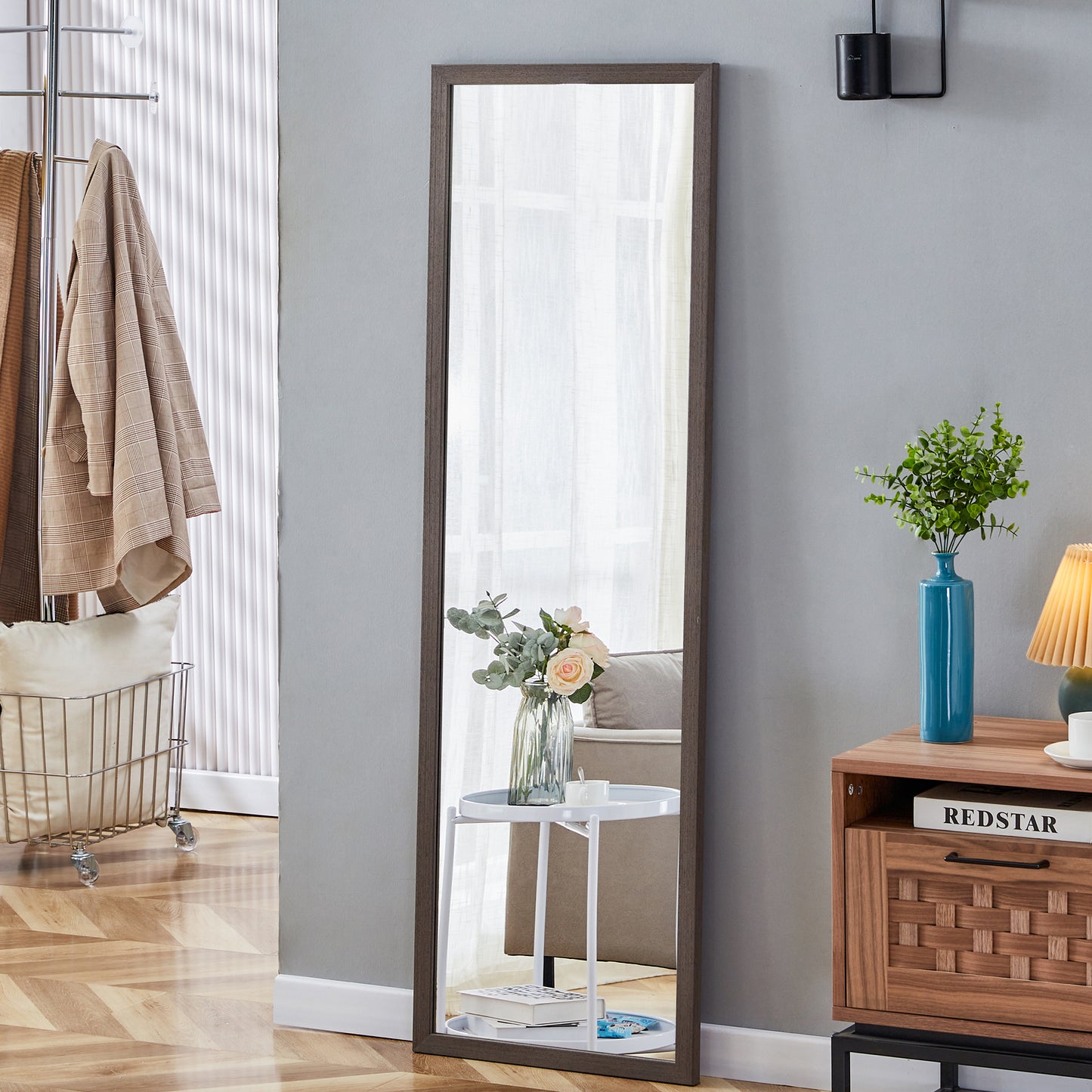 Third generation packaging upgrade, thickened frame, gray wood grain solid wood frame full-length mirror, dressing mirror, bedroom entrance, decorative mirror, floor standing mirror. 57.9 "* 18.1"