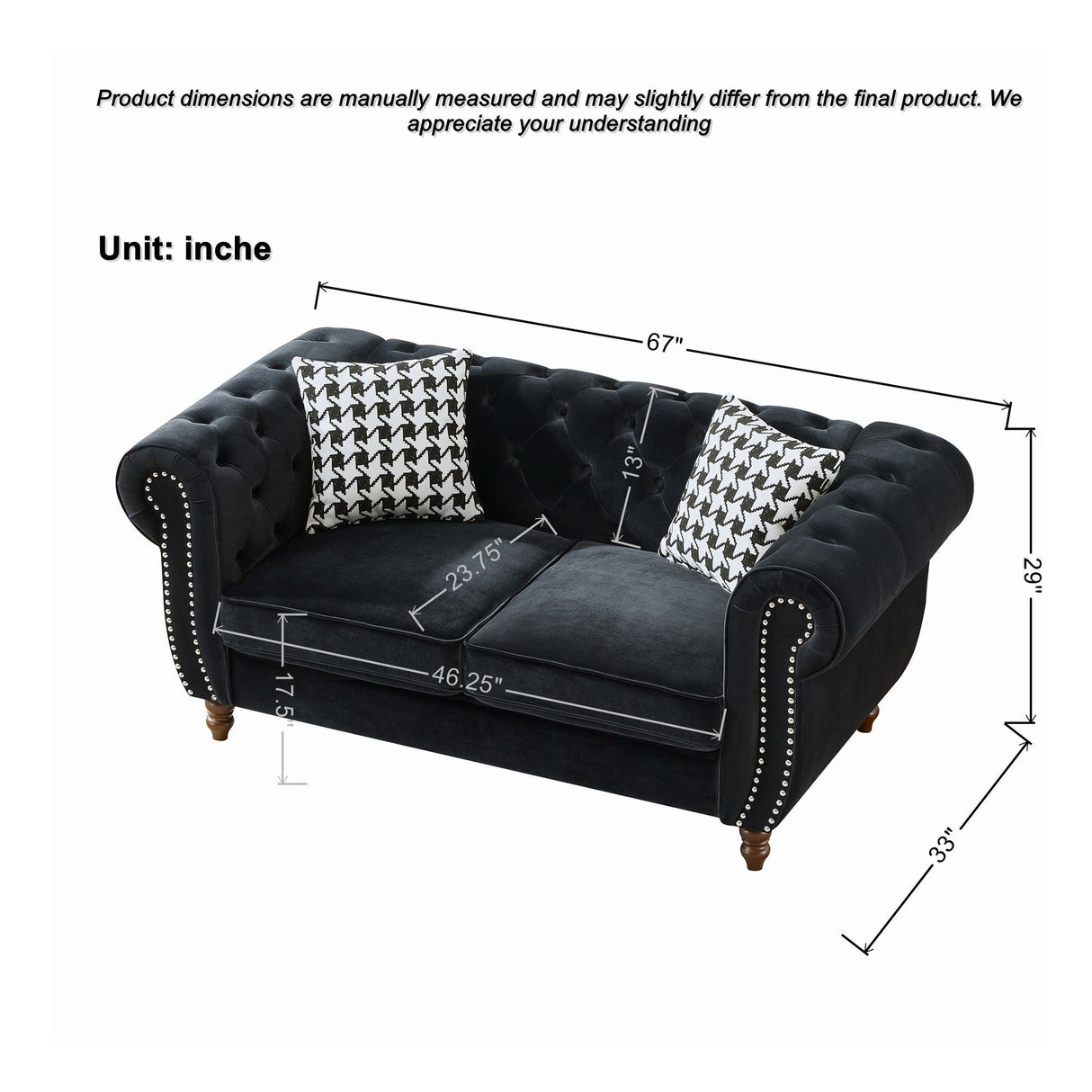 Chesterfield Velvet Upholstery Fabric Loveseat With Roll Armrest And Nailhead
