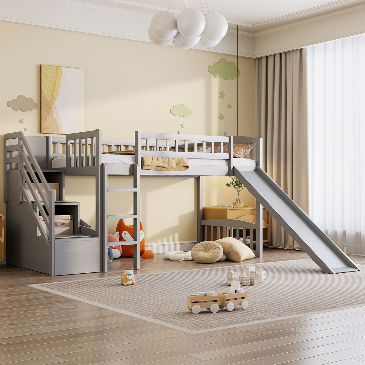 Loft Stairway Bed With 2 Drawers, Convertible Ladder And Slide