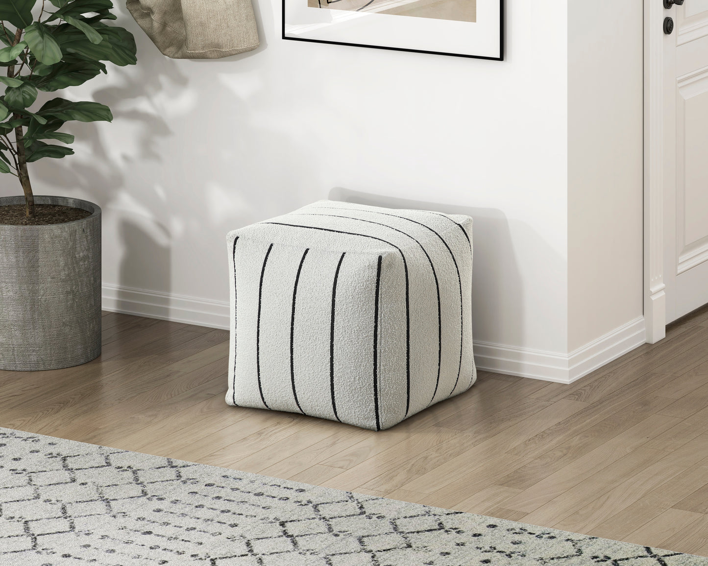 Modern Square Pouf Off-White Jacquard Fabric Upholstered Ottoman, Non-Slip Floor Pouf, Bean Bag Chair, 1pc Sitting Pouf