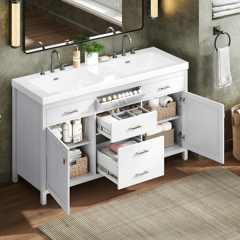 Double Sink Bathroom Vanity With Top, Soft Closing Doors & Drawers, Tip Out Drawer, 2 Cabinet Doors, Adjustable Shelf - White