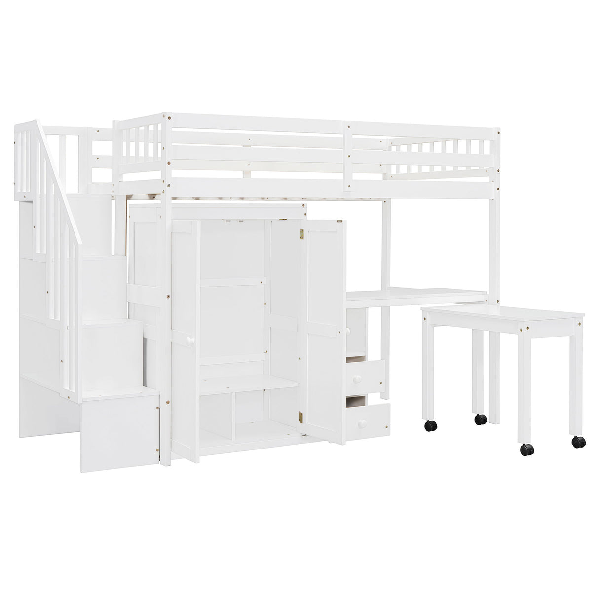 Loft Bed With Stairs, Bookshelf, Drawers, Desk & Wardrobe, Space Saving Multifunctional Furniture