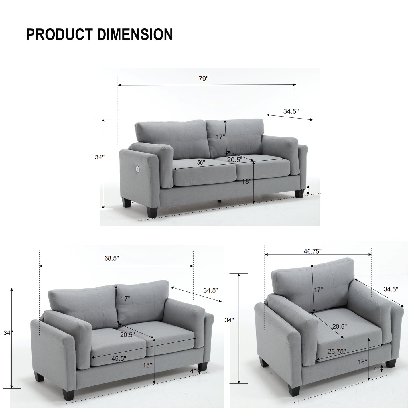 Modern 3 Pieces Sofa Set  for Living Room Double Armrest Comfy Deep Seat Furniture Sets  Chair & Loveseat & 3 Seater Couch,  Gray