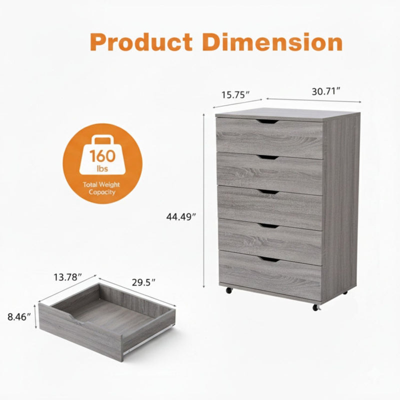 Modern 5 Drawer Dresser With Wheels
