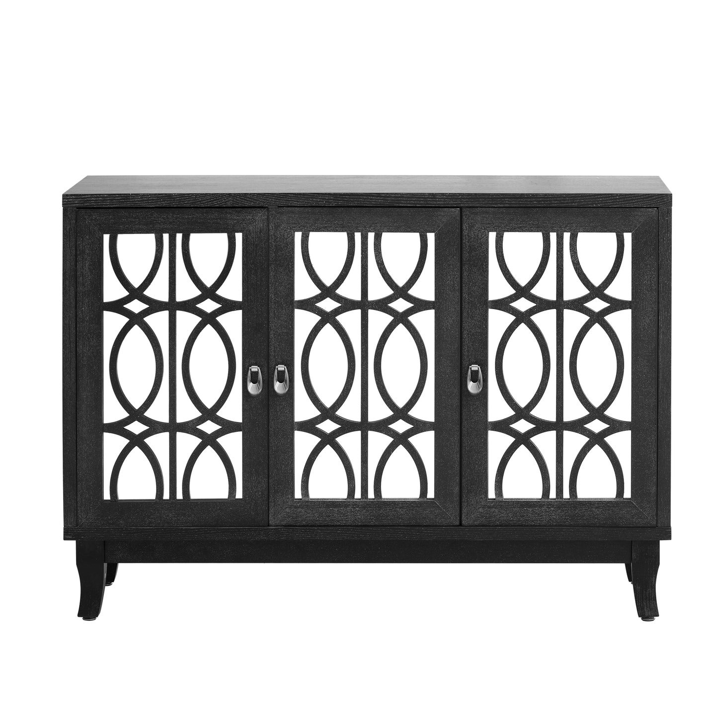 TREXM Sideboard with Glass Doors, 3 Door Mirrored Buffet Cabinet with Silver Handle for Living Room, Hallway, Dining Room (Black)