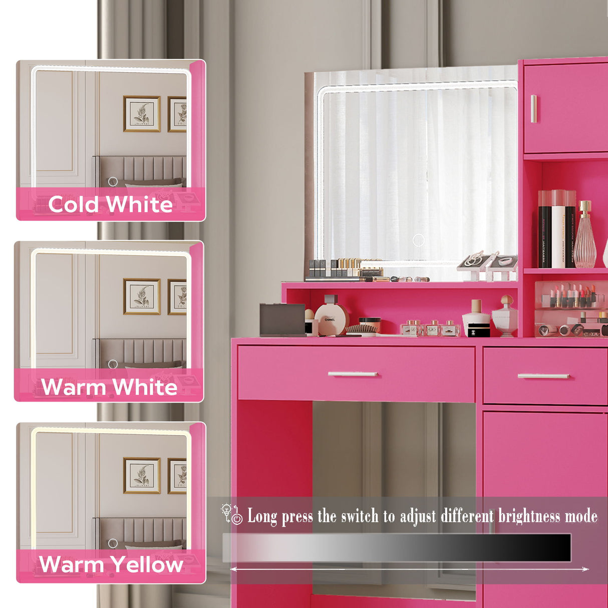 Vanity Desk With Mirror And LED Light Strip, Dressing Table With Large Drawer, 3 Level Storage Dresser & 3 Lighting Modes Adjustable Brightness, Suitable For Bedroom