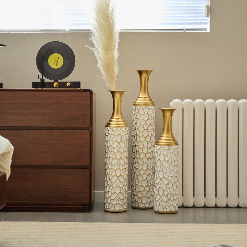 Floor Metal Vase Modern Style Decoration Home Metal Vase (Set of 3) Gorgeous Home Decoration Large Glazed Metal Vases - Gold / White