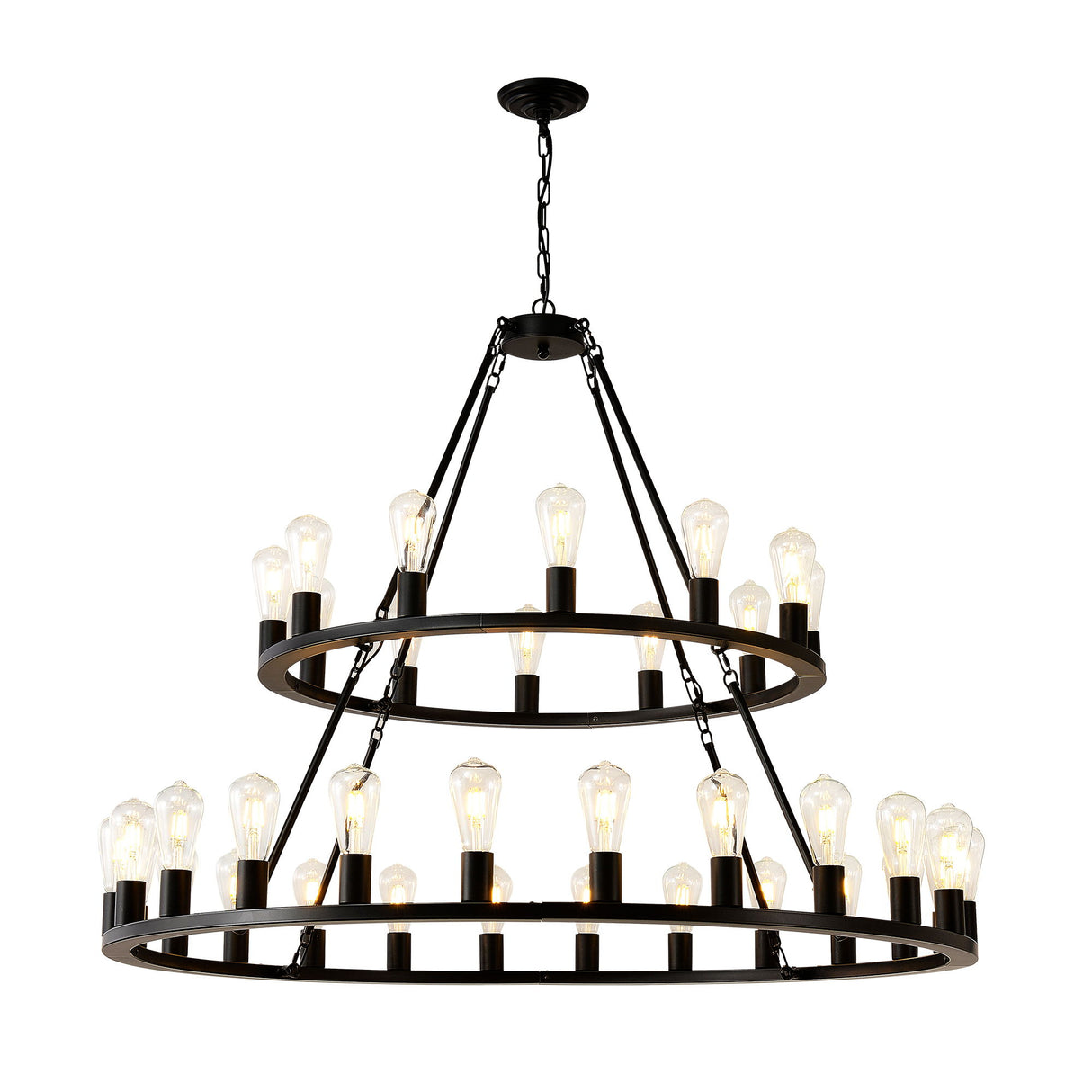 Extra Large Wagon Wheel Chandelier, 2 Tier 36 Lights (No Include) Farmhouse Industrial Round High Ceiling Pendant Light Adjustable Chain, For Dining Room, Living Room, Kitchen - Black