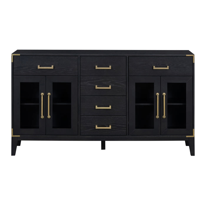 TREXM 6-drawer and 2-Cabinet Retro Sideboard with Extra Large Storage Space, with Gold Handles and Solid Wood Legs, for Kitchen and Living Room (Black)