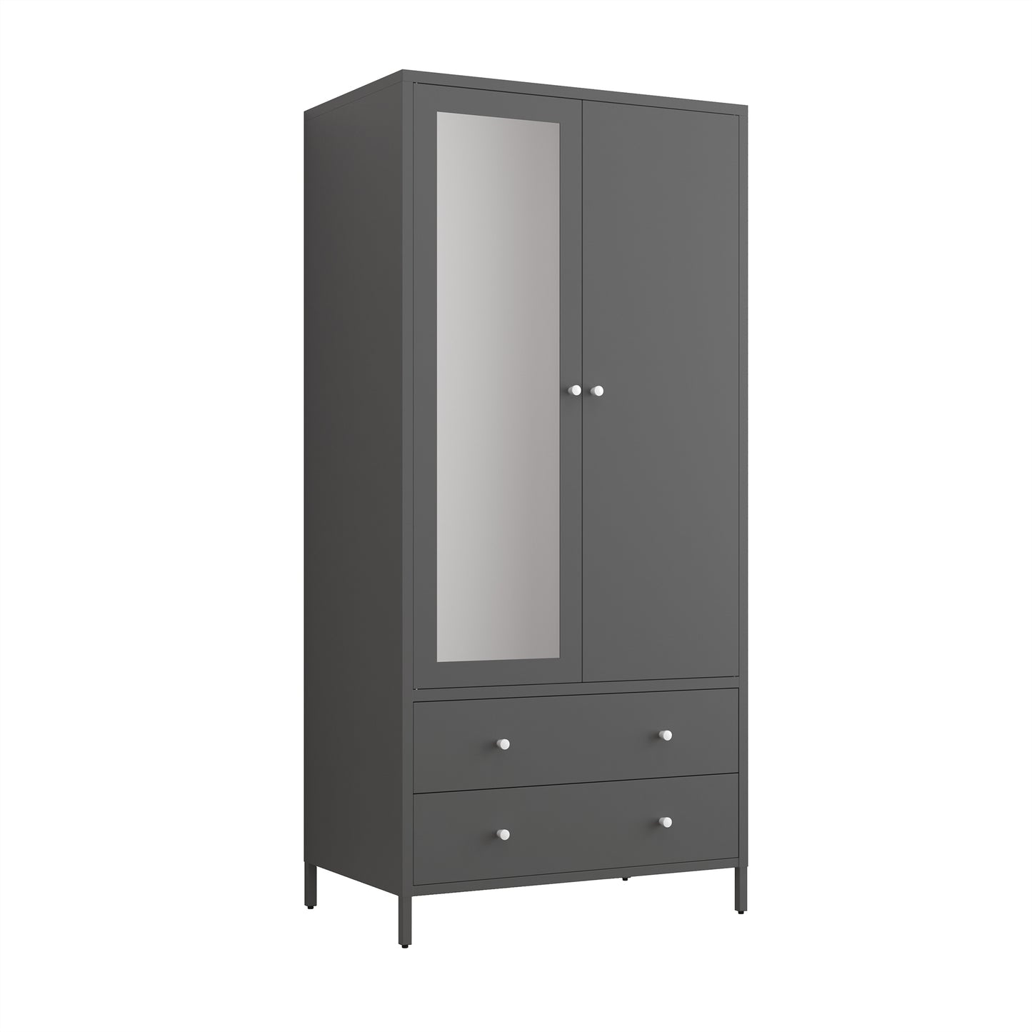 Metal Armoire Wardrobe Closet with 2 Drawers, Mirror Door and Hanging Rod, Metal Clothing Storage Cabinet, Garment Organizer with Magnetic Door - Dark Grey