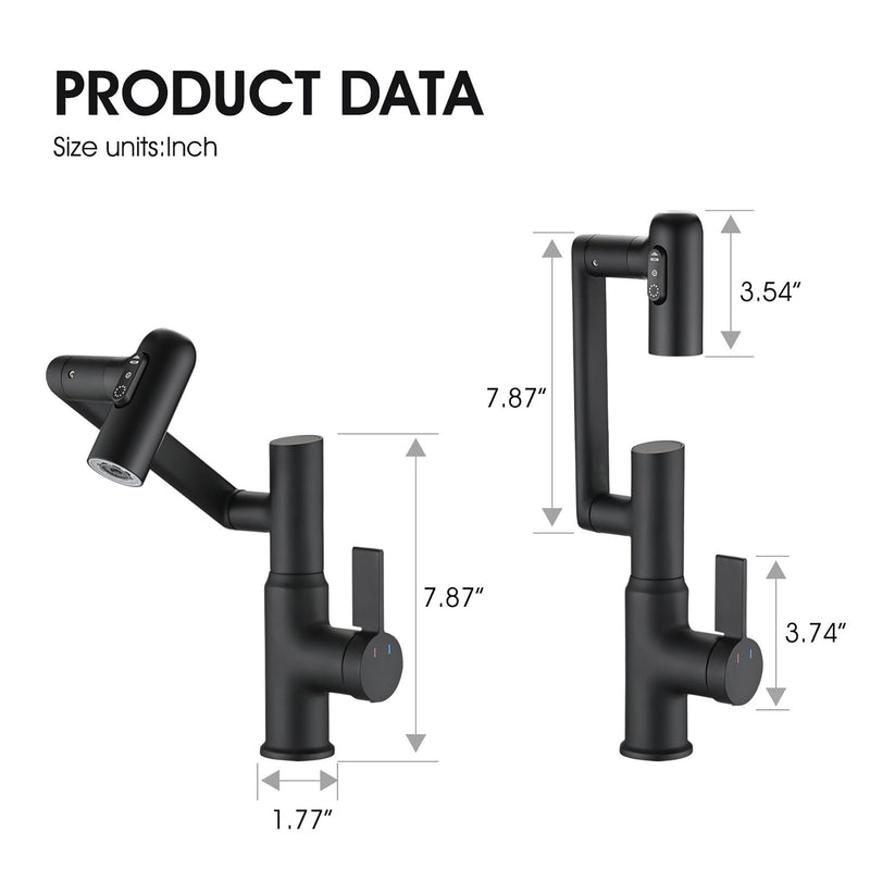 Bathroom Sink Faucet With Spray Function And Temperature Display, Anti Skid Switch, 360 Degree Rotary