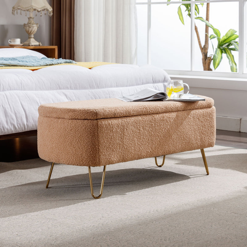 Storage Ottoman Bench For End Of Bed Legs, Modern Camel Faux Fur Entryway Bench Upholstered Padded With Storage For Living Room Bedroom