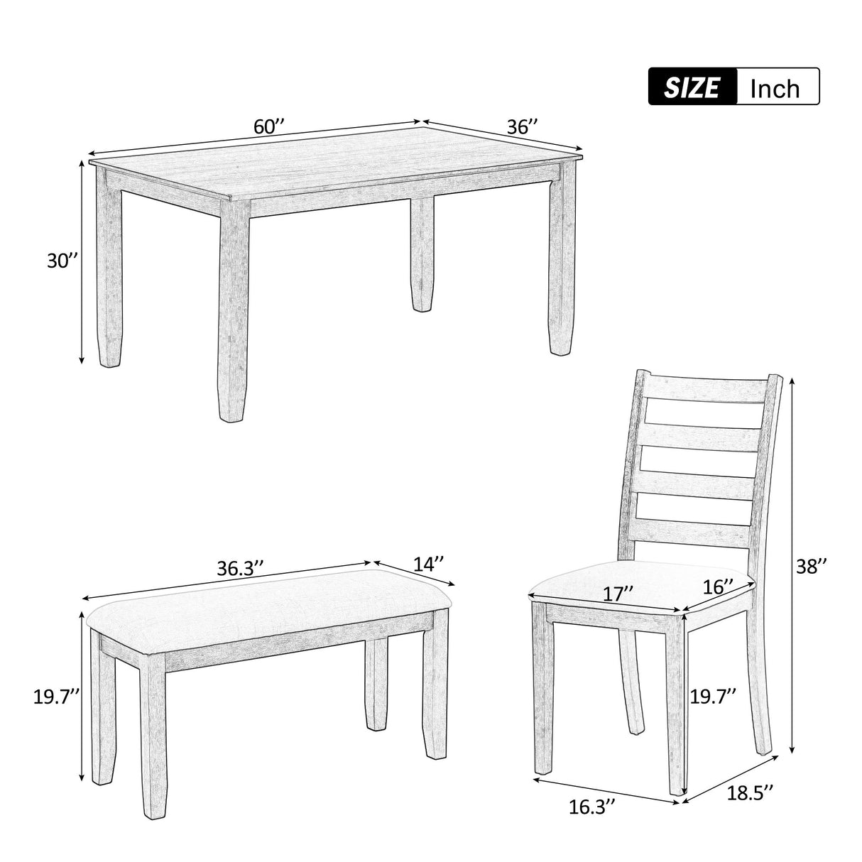 Rustic Style 6 Piece Dining Room Table Set With 4 Upholstered Chairs & A Bench - Brown / Whitewash
