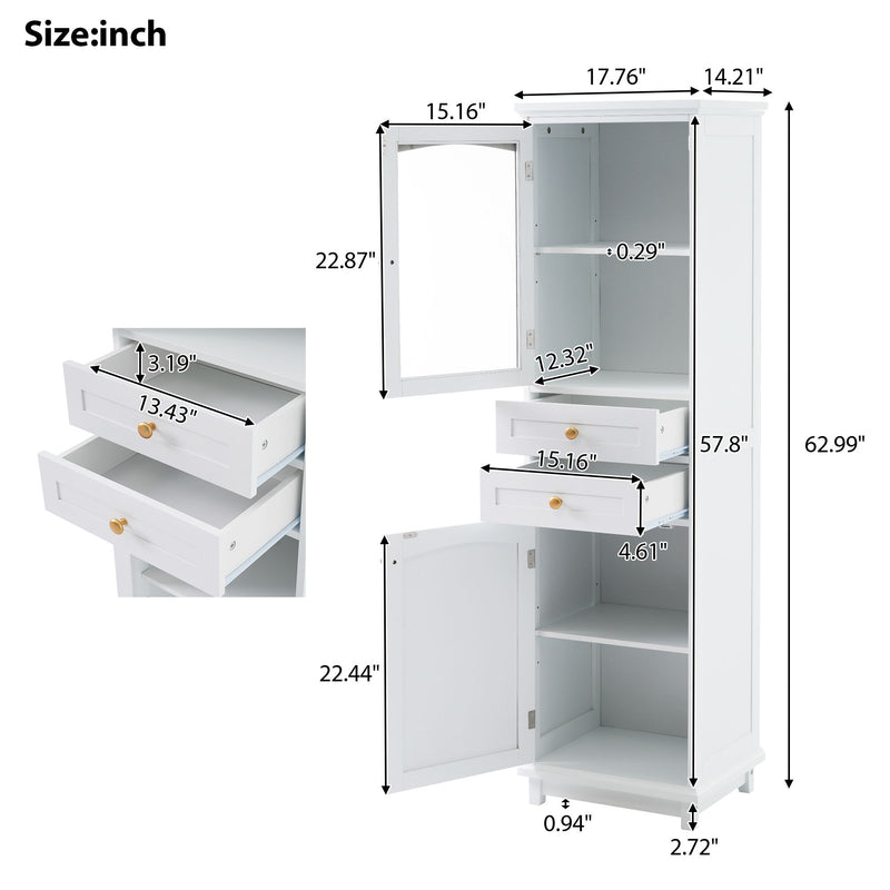 Tall Bathroom Storage Cabinet With Glass Doors, Free-Standing, Two Drawers, And Adjustable Shelves, Board, Painted Perfect For Displaying Your Favorite Items