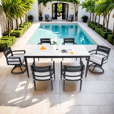 7 Pieces Modern Outdoor Patio Dining Set, Rectangular Dining Table, 4 Chairs & 2 Swivel Rockers, Sunbrella Cushions - Ember Black / White
