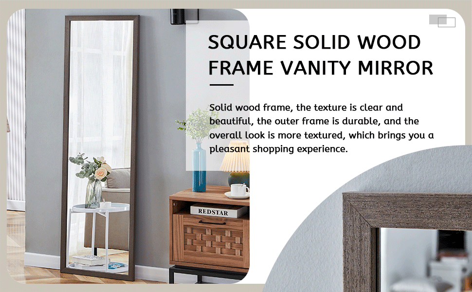 Third generation packaging upgrade, thickened frame, gray wood grain solid wood frame full-length mirror, dressing mirror, bedroom entrance, decorative mirror, floor standing mirror. 57.9 "* 18.1"