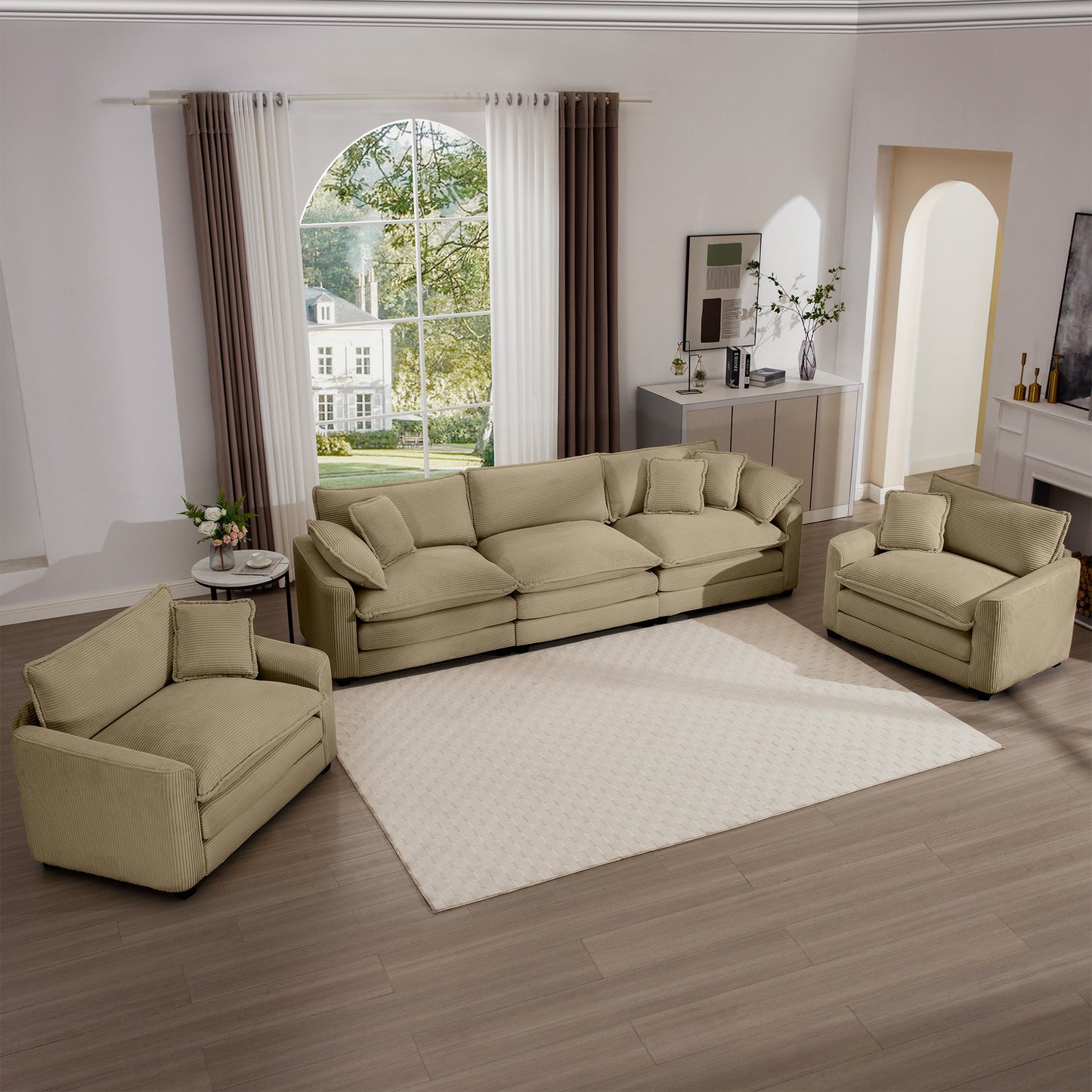 Luxurious and Sophisticated Sofa Set with Soft Cushions and Pillows, Home for Living Rooms and Clubs as well as Home Theaters, Consisting of Two Single Sofas and a 3-Seater Sofas in Tan Corduroy Fabri