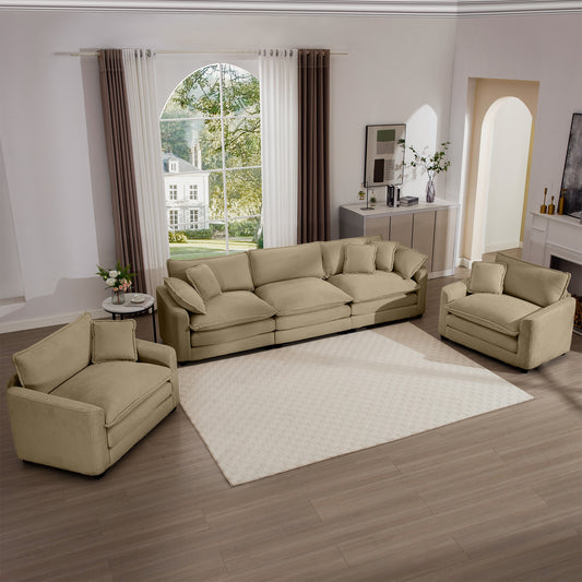 Luxurious and Sophisticated Sofa Set with Soft Cushions and Pillows, Home for Living Rooms and Clubs as well as Home Theaters, Consisting of Two Single Sofas and a 3-Seater Sofas in Tan Corduroy Fabri