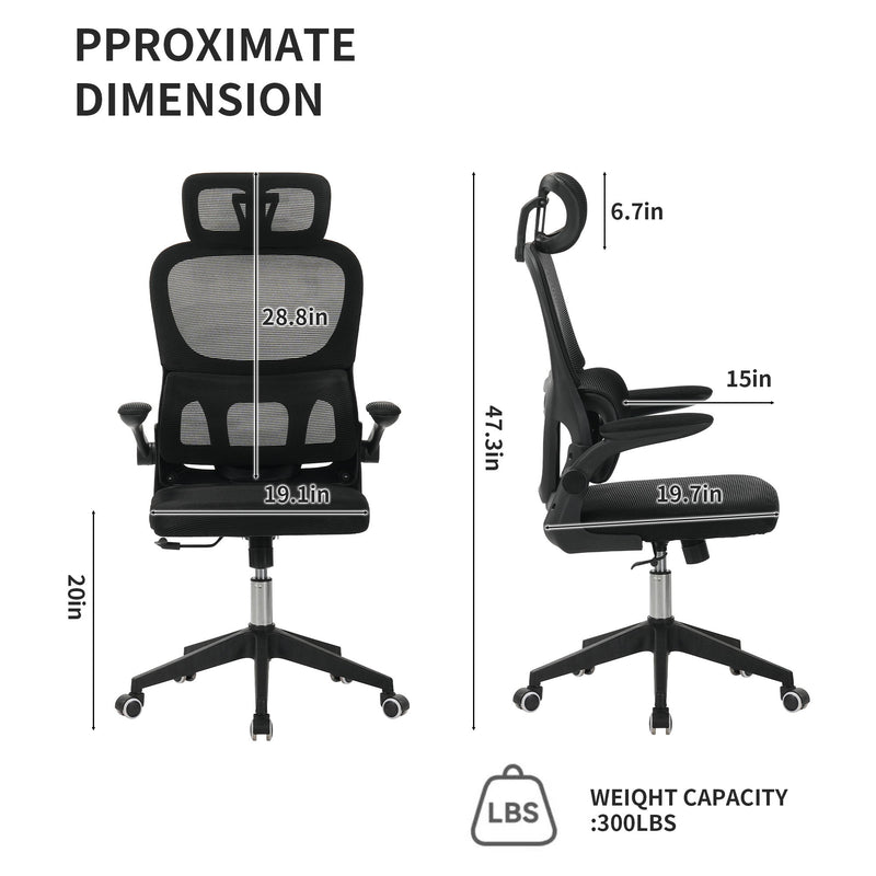 High Back Ergonomic Swivel Rolling Office Chair With Tilt Function, 3D Headrest, Lumbar Support - Black
