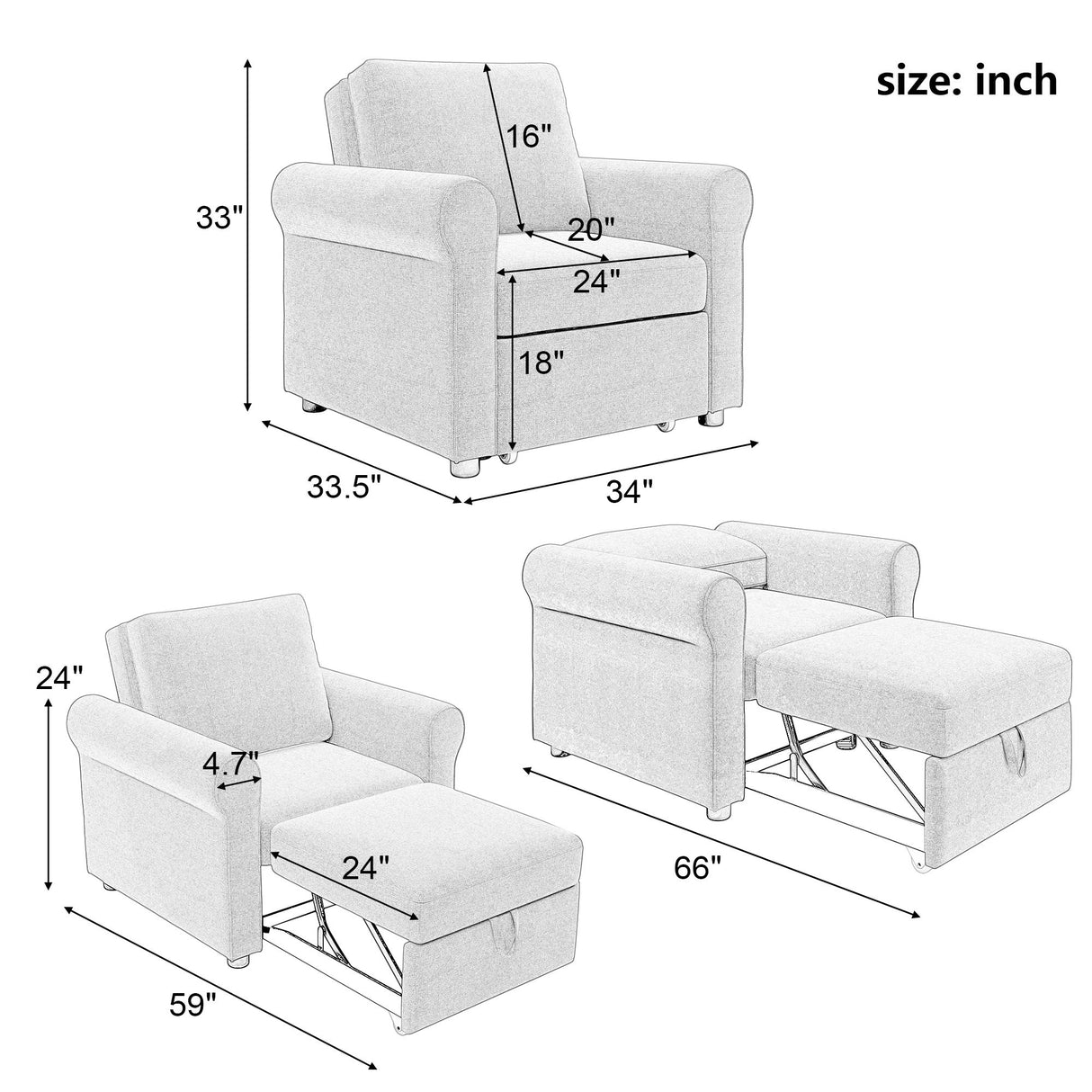 Modern 3 In 1 Convertible Sleeper Chair Bed, Linen Upholstery, Adjustable Backrest