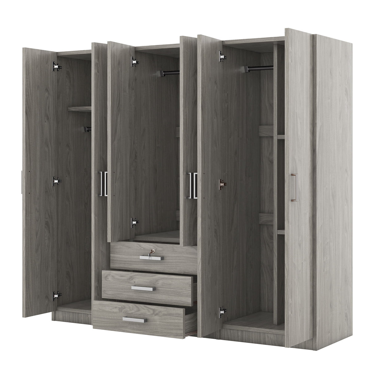 6 Doors Wardrobe Storage For Bedroom, With Big Drawers - Gray