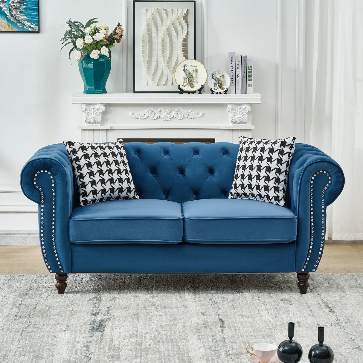 Chesterfield Velvet Fabric Sofa With Roll Armrest And Nailhead, Mid Century 2 Seater Couch In Blue