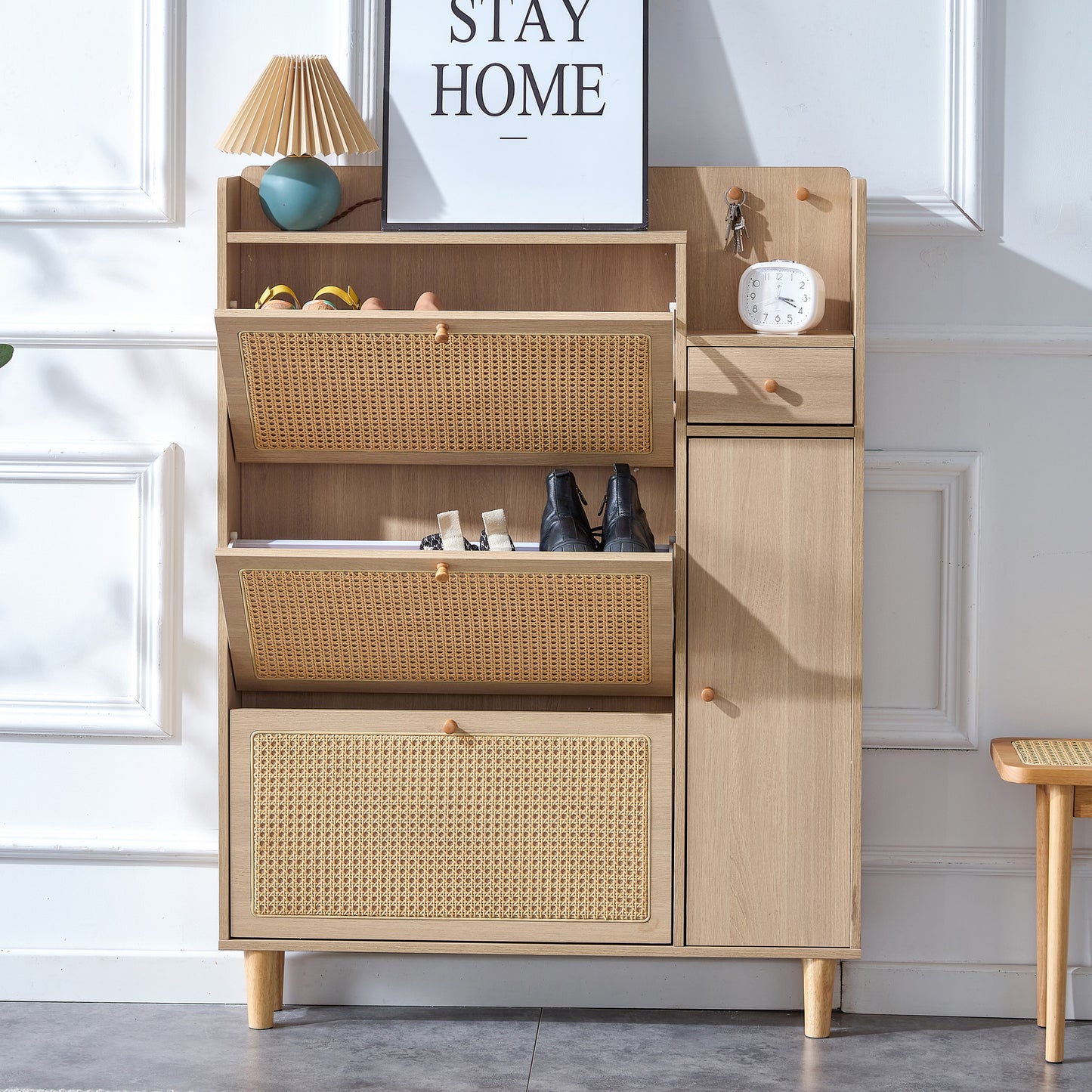 Modern minimalist storage cabinet MDF bed top cabinet Japanese rattan shoe cabinet, small home furniture. Suitable for hallways and living rooms