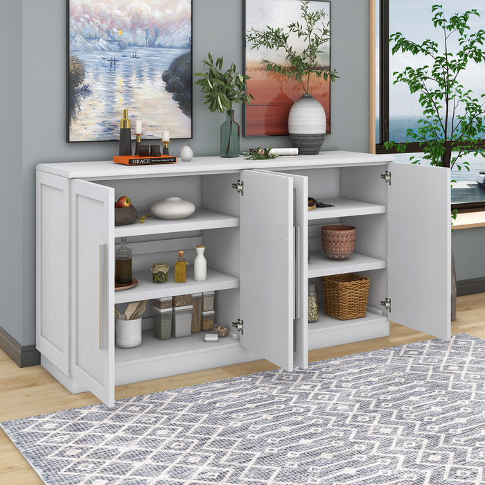 TREXM Sideboard with 4 Doors Large Storage Space Buffet Cabinet with Adjustable Shelves and Silver Handles for Kitchen, Dining Room, Living Room (White)