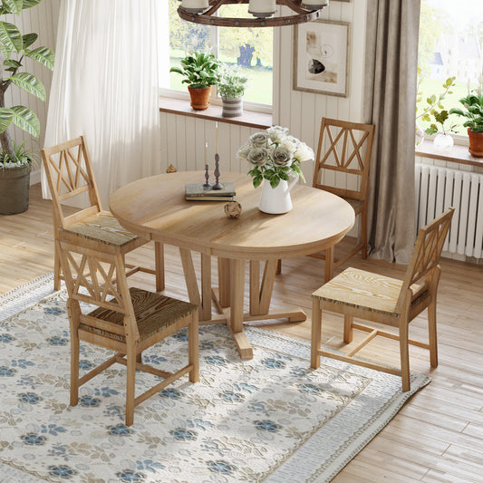 TOPMAX Rustic 5-Piece Extendable Dining Table Set Round Trestle Table and 4 Cross Back Dining Chairs for Kitchen, Dining Room, Natural