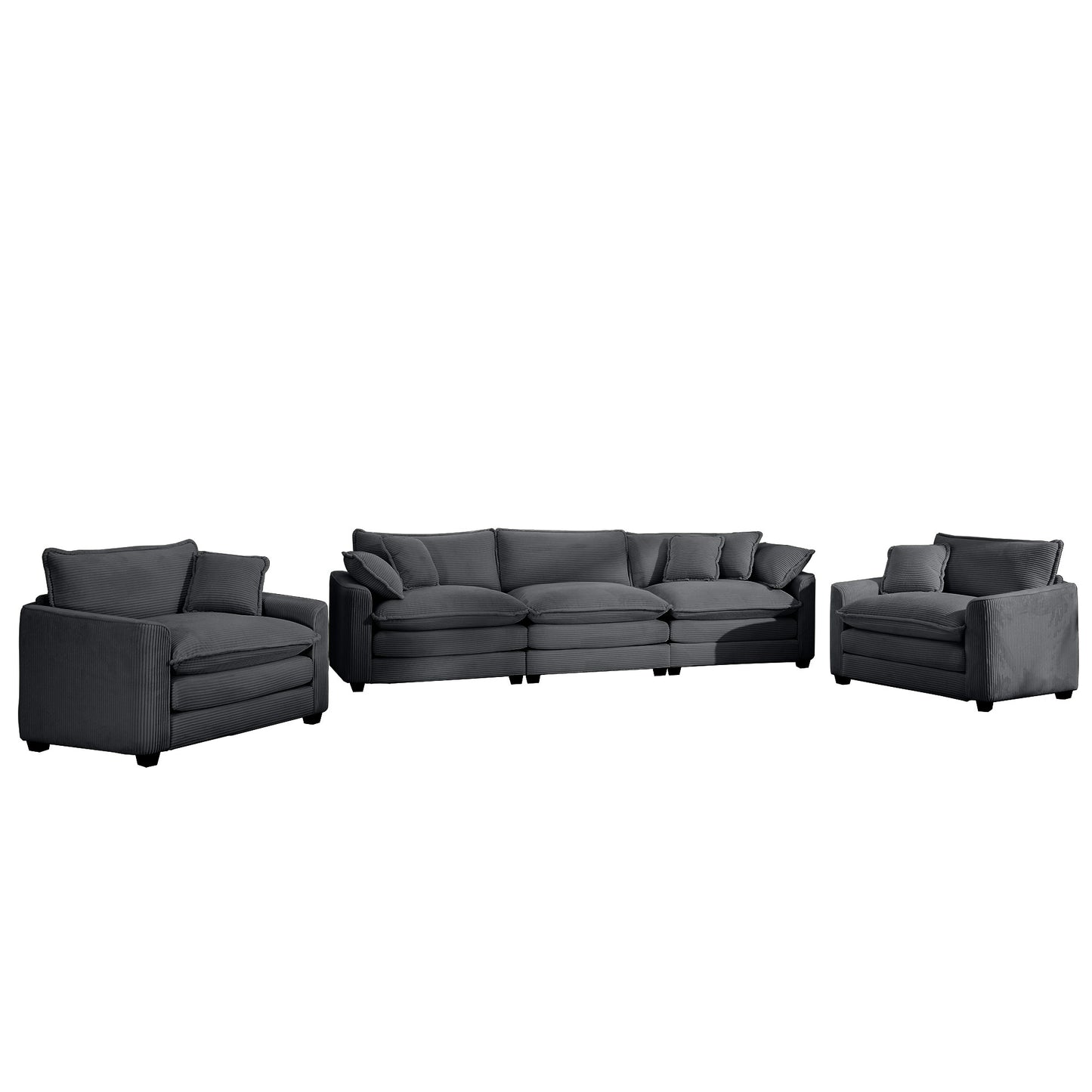 Luxurious and Sophisticated Sofa Set with Soft Cushions and Pillows, Home for Living Rooms and Clubs as well as Home Theaters, Consisting of Two Single Sofas and a 3-Seater Sofas in Grey Corduroy Fabr