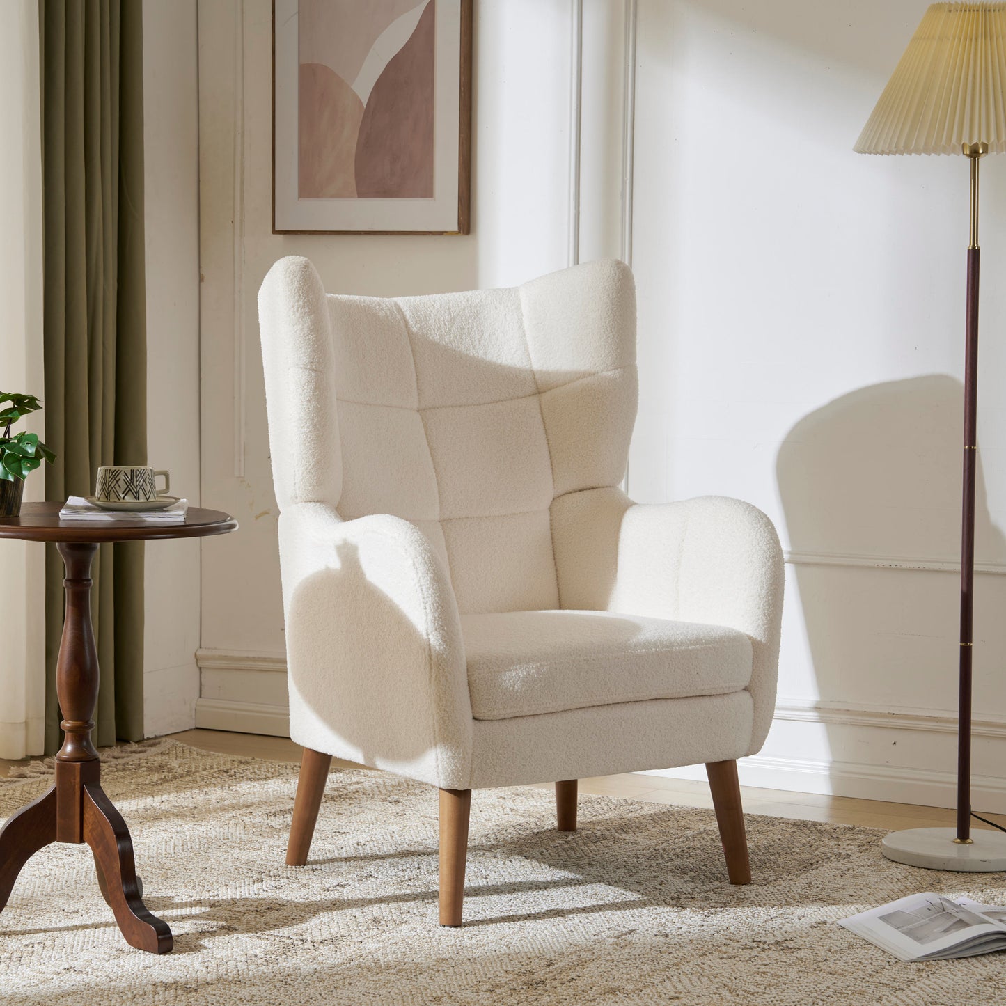 Mid-Century Ivory White High Back Accent/Club Chair with Thick Cushion, Modern Armchair with Round Arm and Birch Wood Legs, Teddy Wool Fabric, for Living Room, Office, Balcony, Bedroom and Study Room