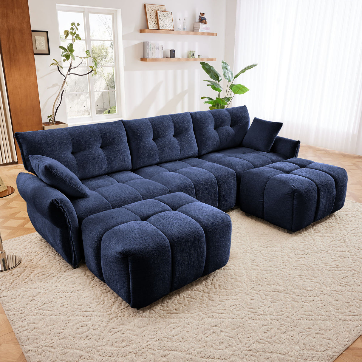 Elegant Sofa Set With Ottoman And Pillows, Textured Chenille, High Resilience Cushions