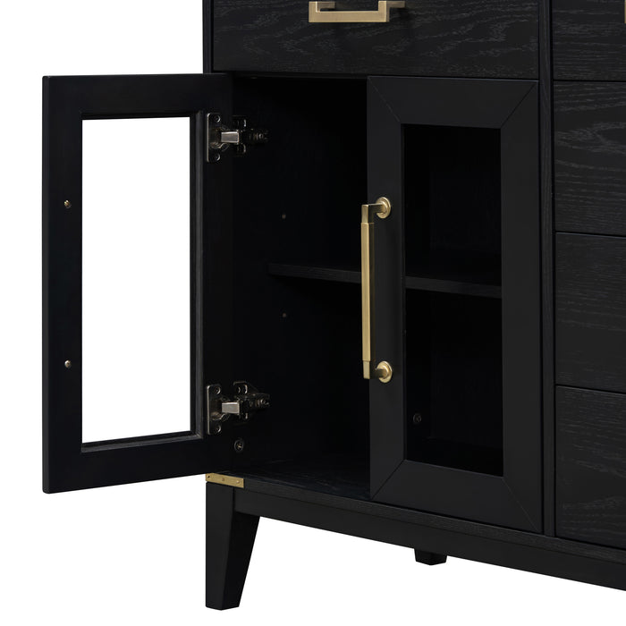 TREXM 6-drawer and 2-Cabinet Retro Sideboard with Extra Large Storage Space, with Gold Handles and Solid Wood Legs, for Kitchen and Living Room (Black)