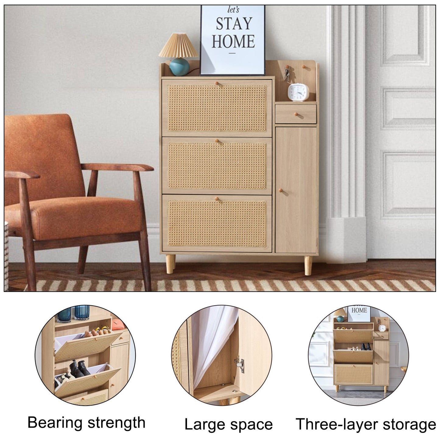 Modern minimalist storage cabinet MDF bed top cabinet Japanese rattan shoe cabinet, small home furniture. Suitable for hallways and living rooms