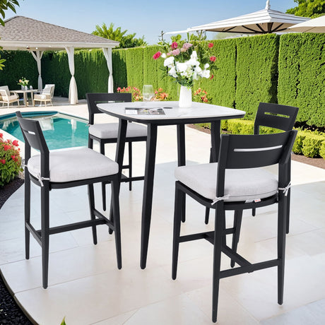 5 Pieces Modern Outdoor Bar Set, Sintered Stone Table With White Inspired Top & 4 Bar Stools, Sunbrella Cushions, Weather Resistant - Ember Black / White