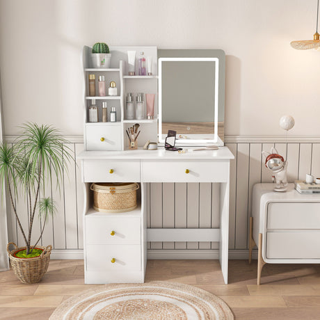 Dressing Table With Movable Mirror And LED Light, 5 Drawer Storage Organizer - White